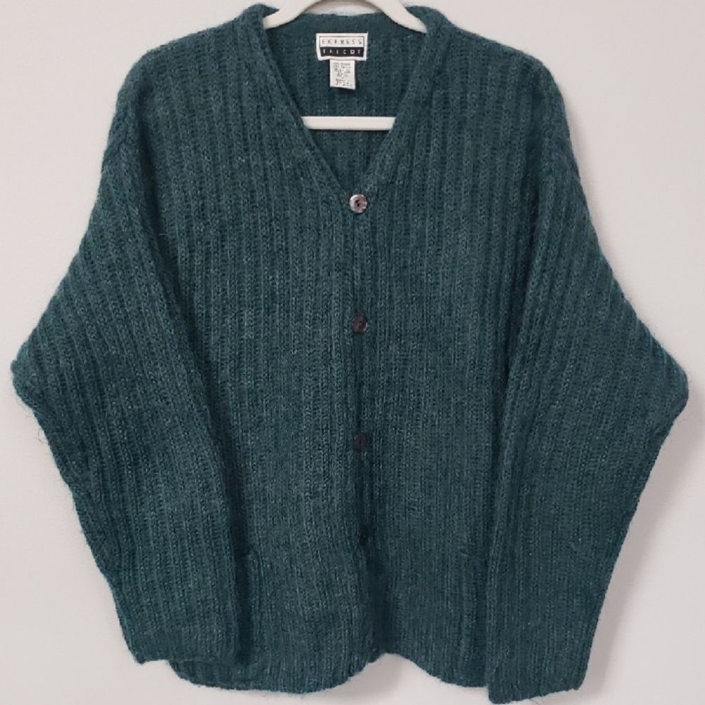 Express Tricot Cardigan Womens M Mohair Blend Rib Knit Chunky Emerald Sweater